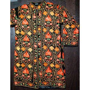 Heavily Embroidered Multicolored Floral Wool Overcoat - Made in India